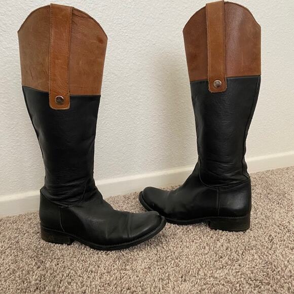 Steve Madden Rogerrr Black Brown Leather Zip Knee High Riding Boots Women 7.5M - Picture 1 of 16